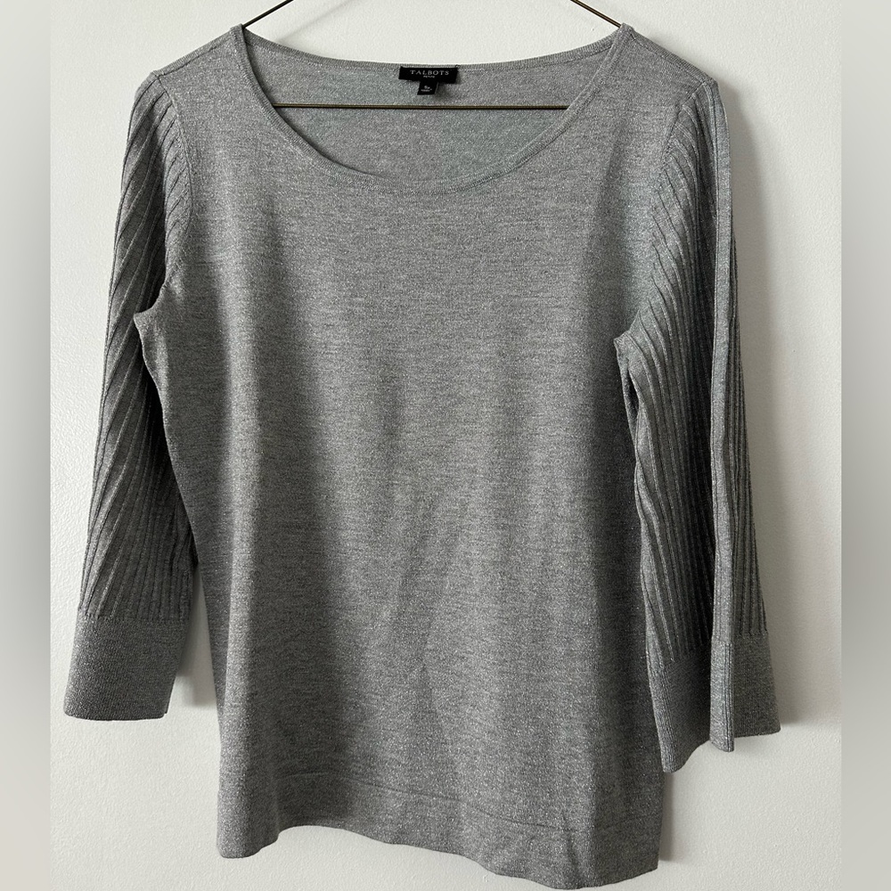 Talbots Petite Silver Metallic Ribbed Bell Sleeve Sweater SP